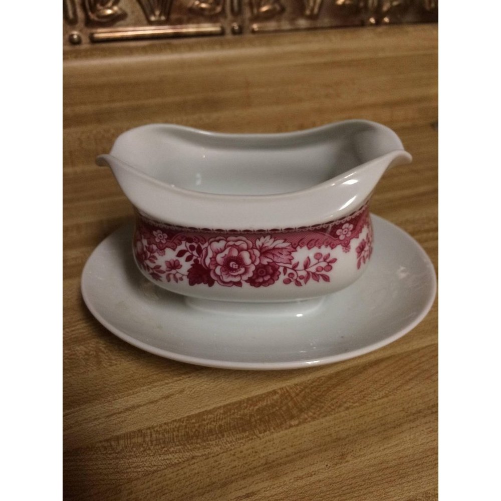 Vintage Toile Gravy Boat White Floral With Tray Bavarian Shabby Cottage